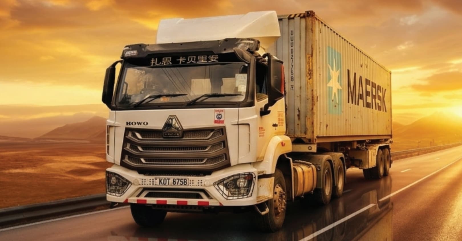 Kaberian truck on the highway at sunset